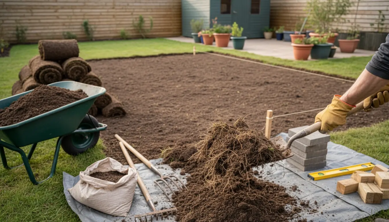 Grov renovering af en ca. 60 m² have med trillebør, skovl og rullede græstørv i blødt naturligt lys.