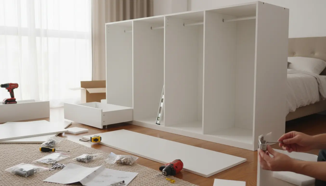 Hænder samler et hvidt modulskab i et lyst soveværelse med værktøj og dele spredt på gulvet.