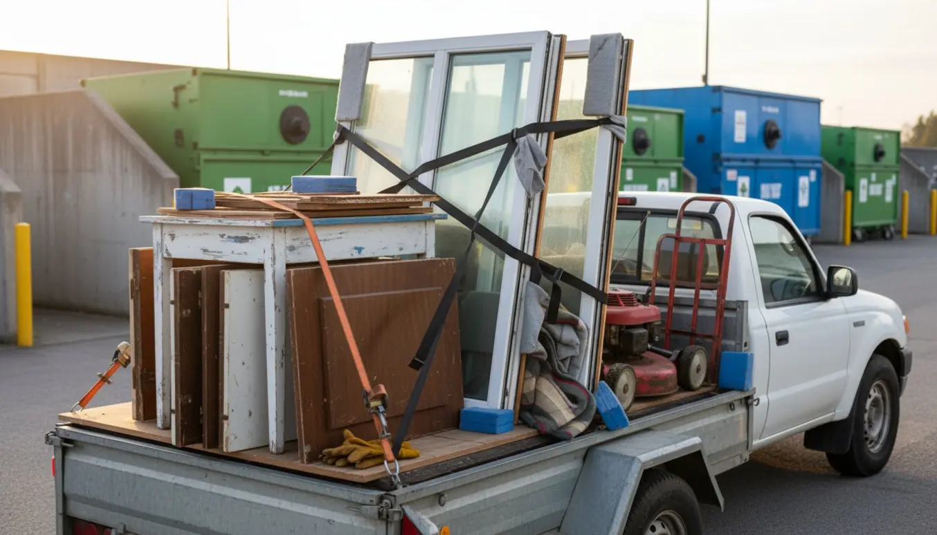 Trailer læsset med gamle bordplader, tre termoruder og en brugt plæneklipper klar til genbrugspladsen.