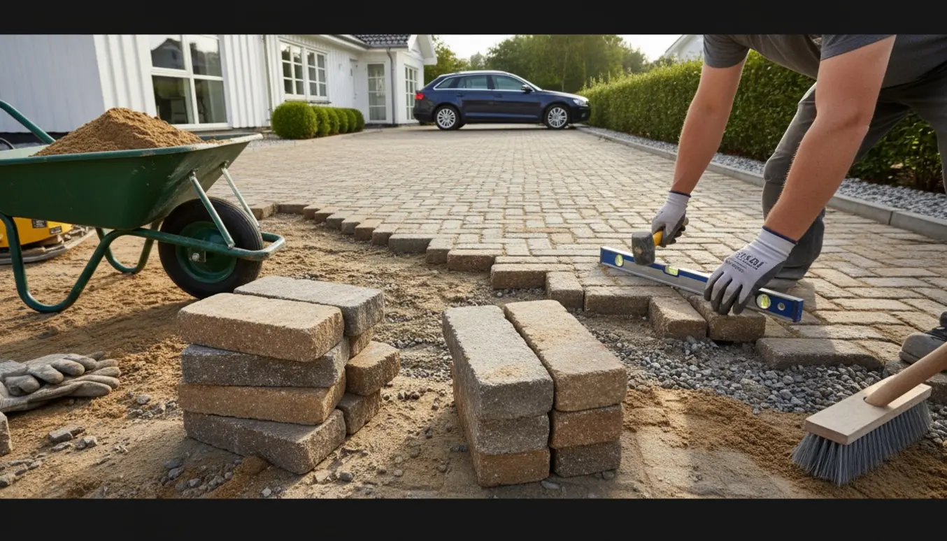 Indkørsel med herregårdssten under etablering, håndværkerhænder lægger sten ved siden af en parkeret bil.