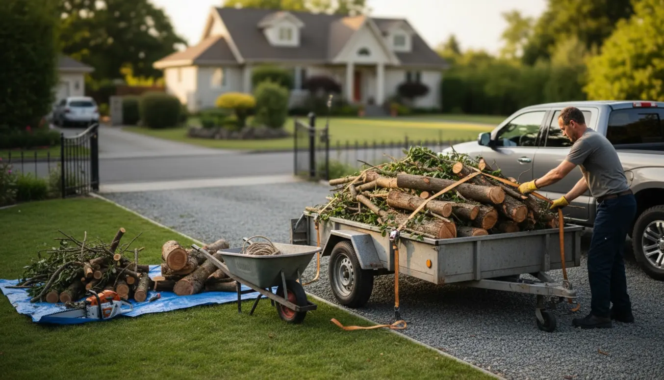 Træstubbe og grene læsses på en trailer i en indkørsel, klar til at blive kørt til genbrugspladsen.