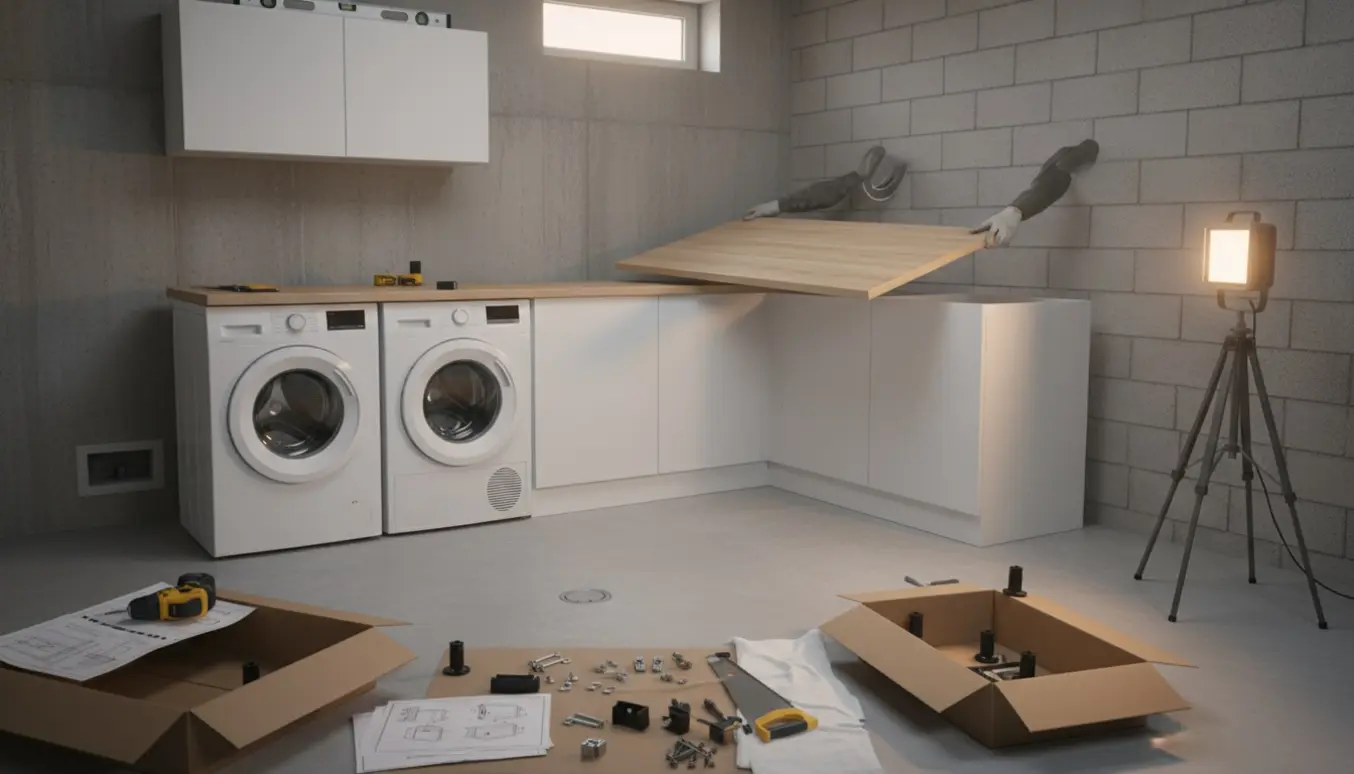 Bryggers i kælder under montering med hvide modulskabe, vaskemaskine, tørretumbler og træbordplade.