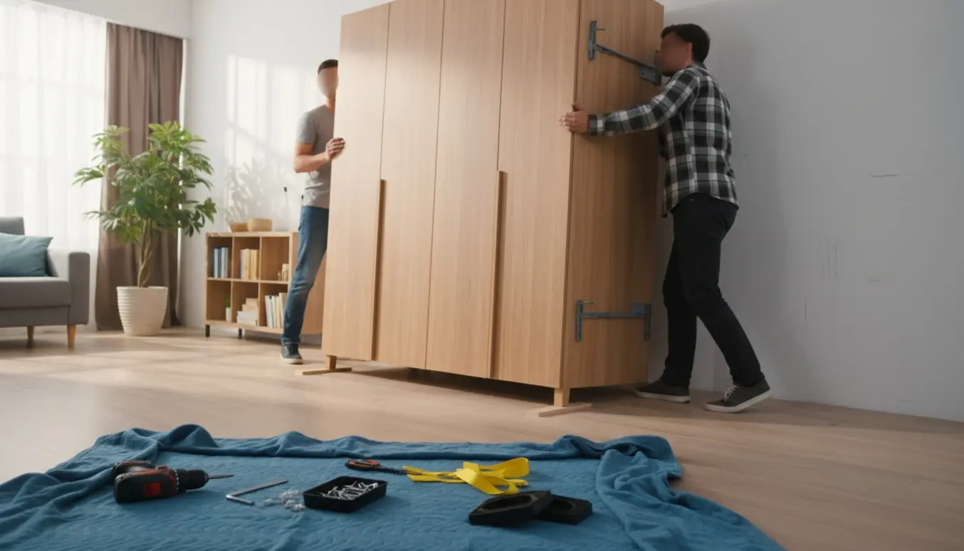 To personer flytter et stort skab indendørs, den ene løsner beslag mens det rejses på et ujævnt gulv.