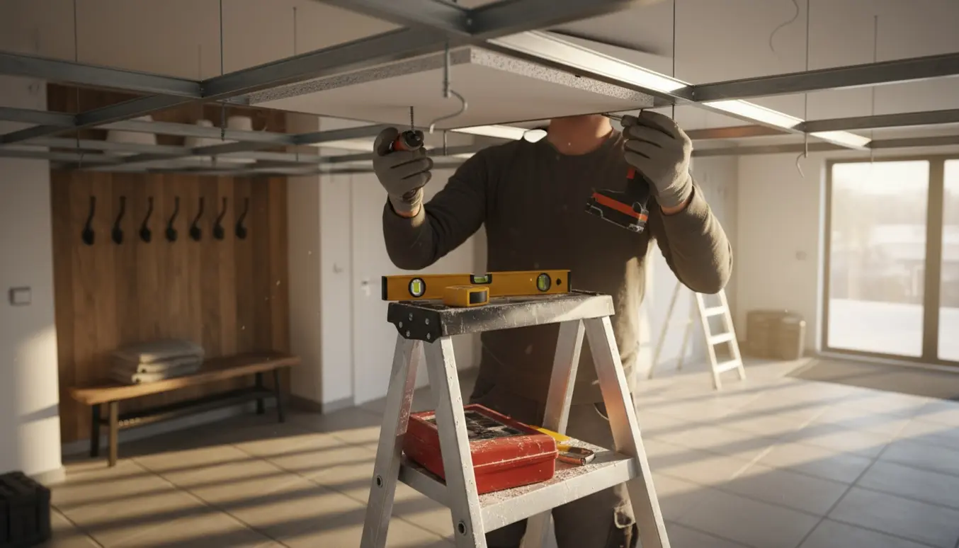 Håndværker monterer nedsænket loft i en entré med metalramme og gipsplader.