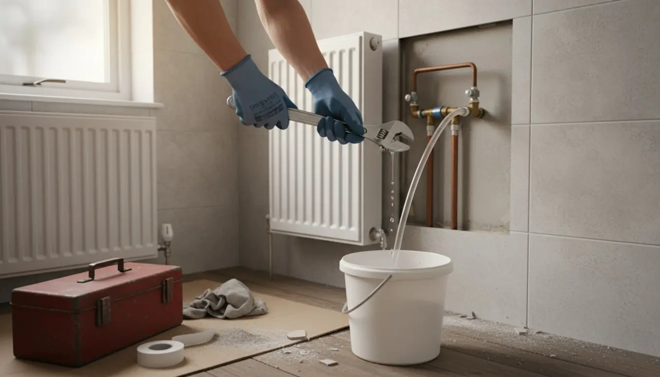 Hænder afmonterer en radiator i et badeværelse under renovering.