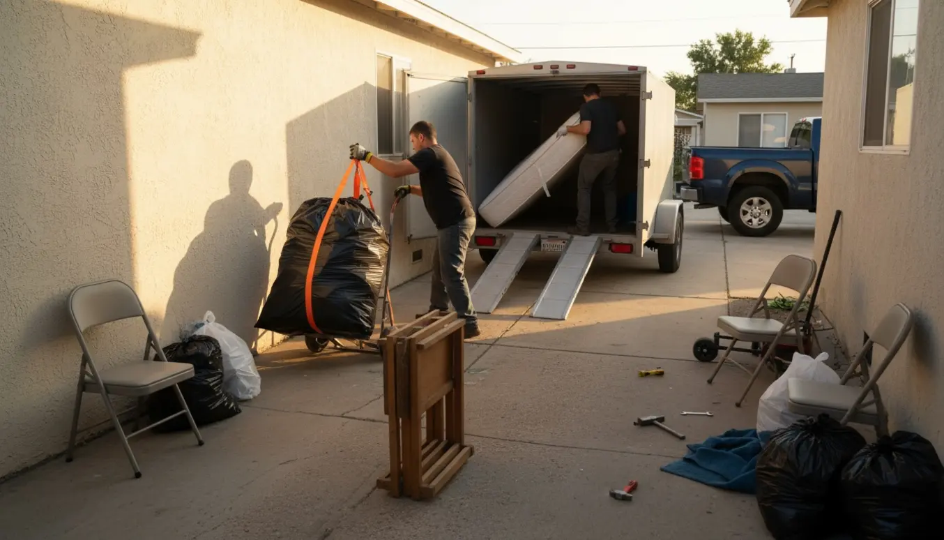To personer læsser små møbler, en tung skraldepose og en boxmadras i en trailer på en gårdsplads.