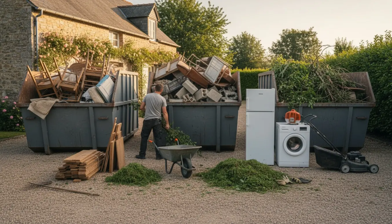 Tre fyldte containere ved et sommerhus med haveredskaber og en person set bagfra i gang med oprydning.