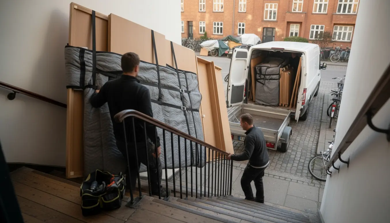 Flyttefolk bærer ned et adskilt stort garderobeskab til en åben varevogn på en københavnsk gade.