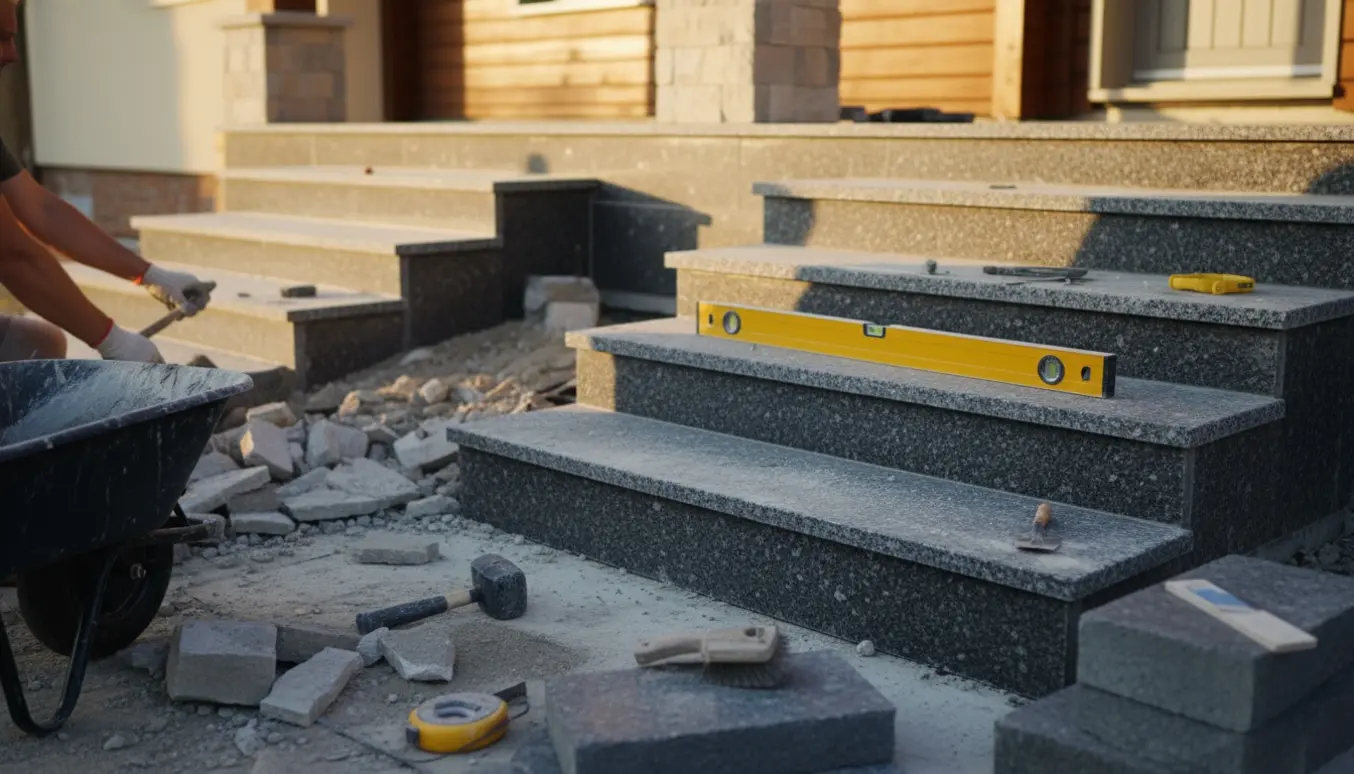 Tre nye granittrapper ved et hus med værktøj og en delvist fjernet gammel trappe.