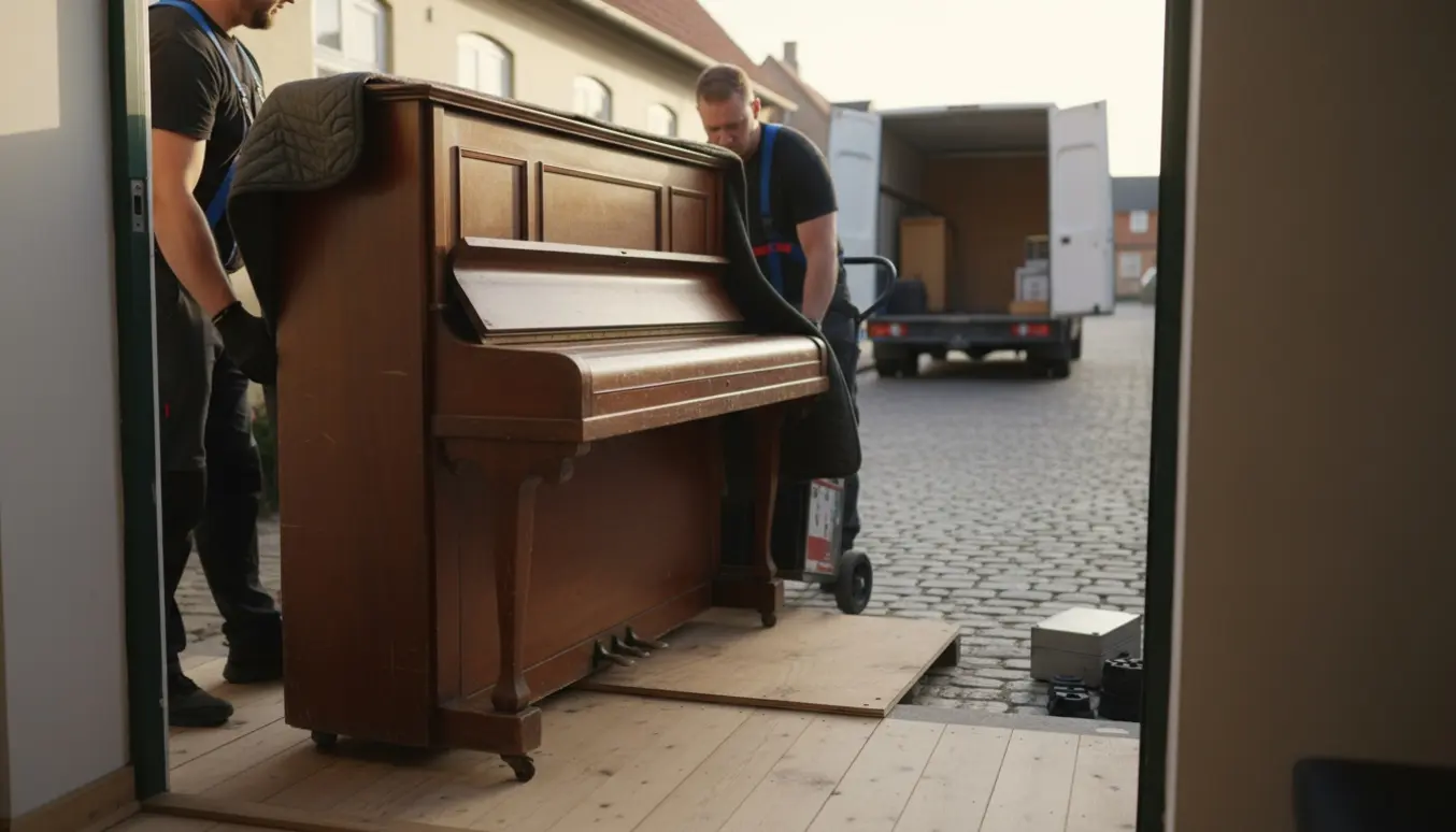 To personer fra ryggen flytter et gammelt Zimmermann-klaver ud af en dansk husdør på en dolly.