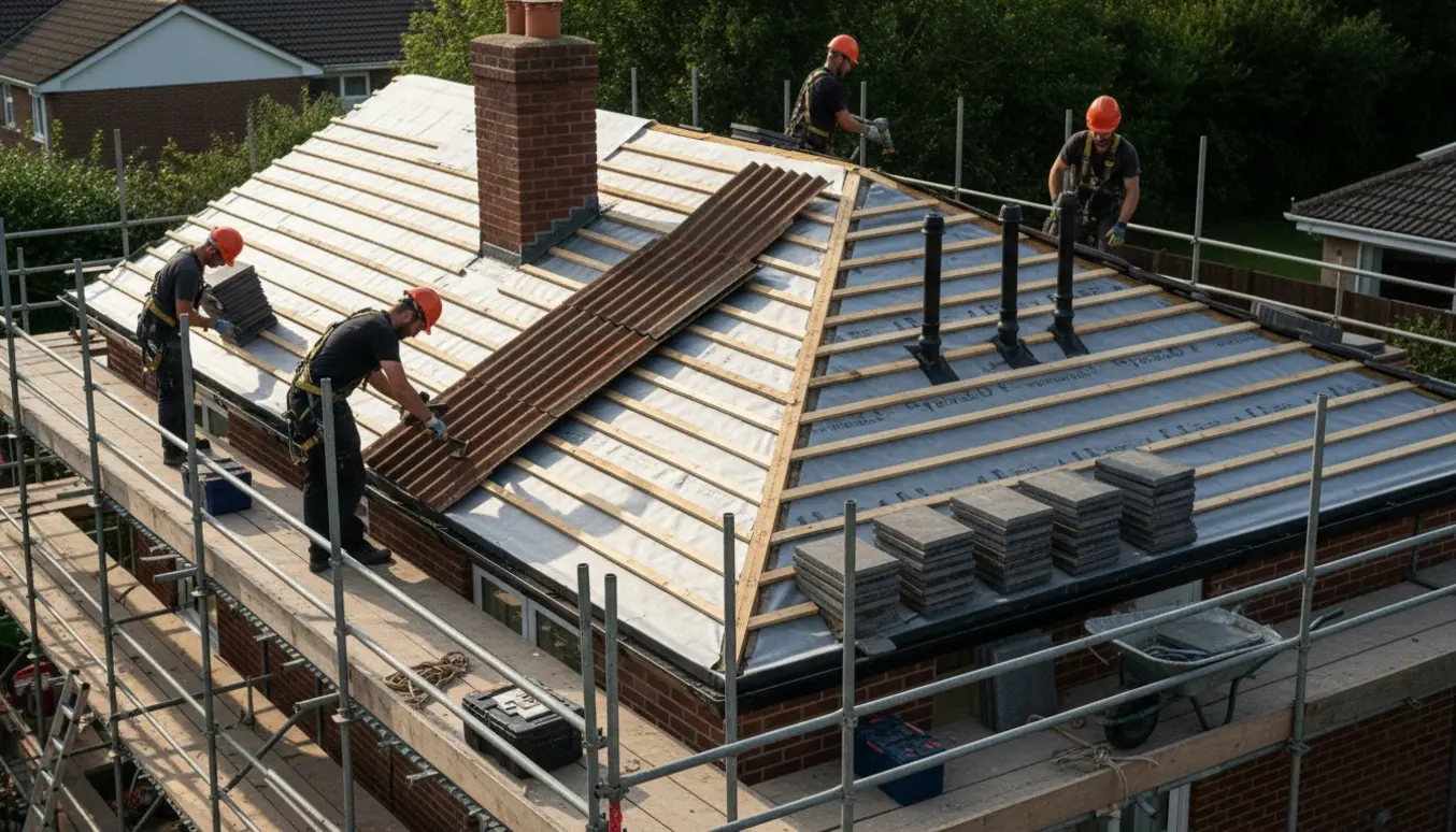 Tæt foto af tageftersyn og omlægning med ny undertag, rigler og bunker af betontegl ved en skorsten og ventilationsrør.