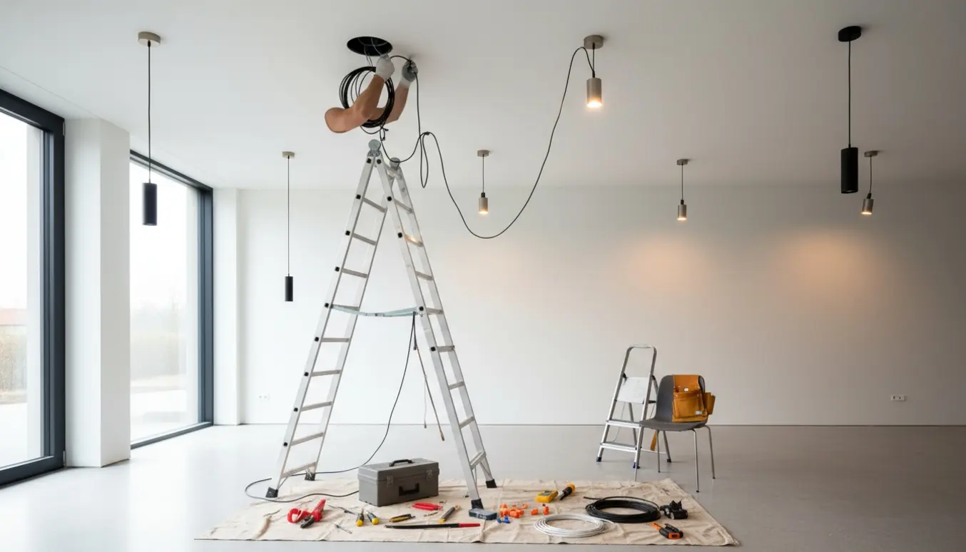 En person på en stige monterer en loftslampe, mens flere lamper og hængende ledninger ses i et lyst rum.