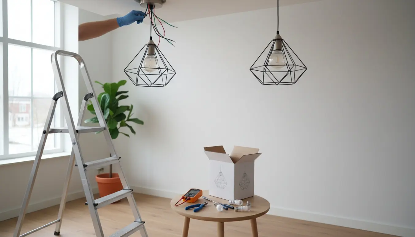 En person monterer to loftslamper ved 2,5 meters højde på en stige med synlige ledninger og værktøj.