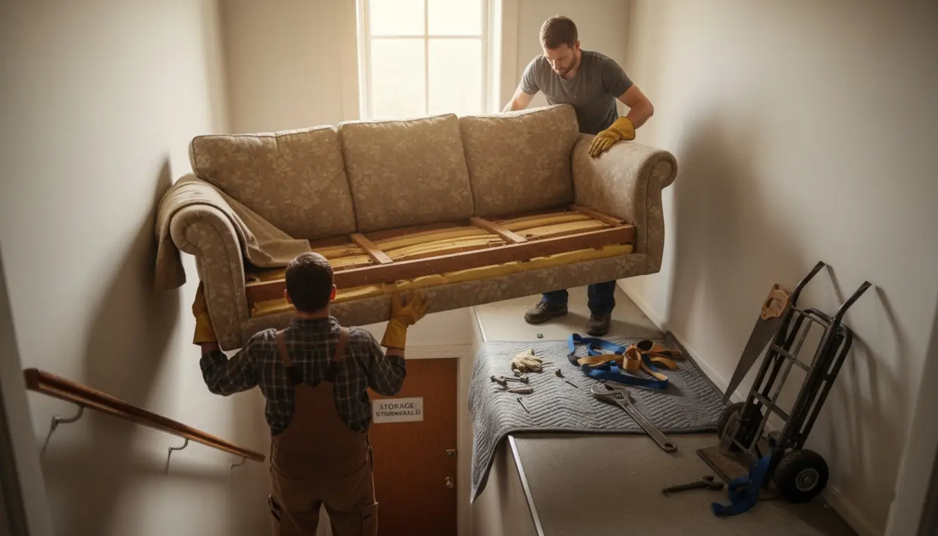 To personer bærer en delvist adskilt 3-personers sofa ned ad en privat trappe mod storskraldsrummet med en manuel håndsav og flytteudstyr ved siden af.