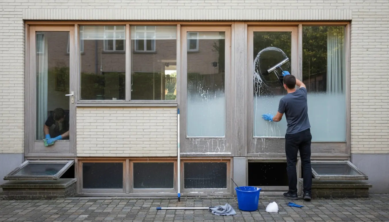 Udvendig vinduespudser bruger skraber og spand til at rengøre stue- og kældervinduer samt døre, med synlig før-og-efter kontrast.