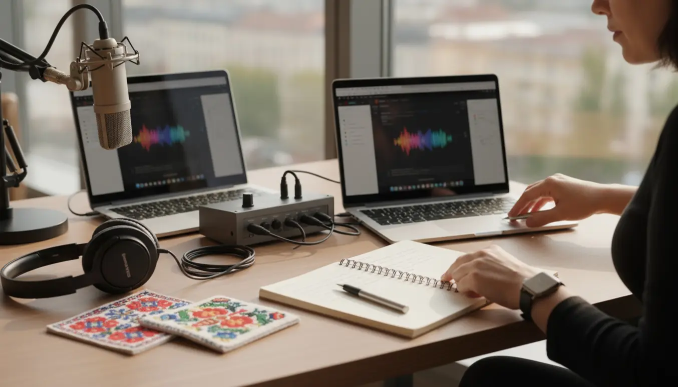 Fortolkningsopsætning med hovedtelefoner, mikrofon, bærbar og traditionelle rumænske og ungarske tekstiler.