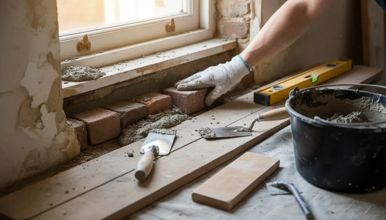 Nærbillede af murerarbejde ved en vindueskarm med frisk mørtel og murerredskaber.