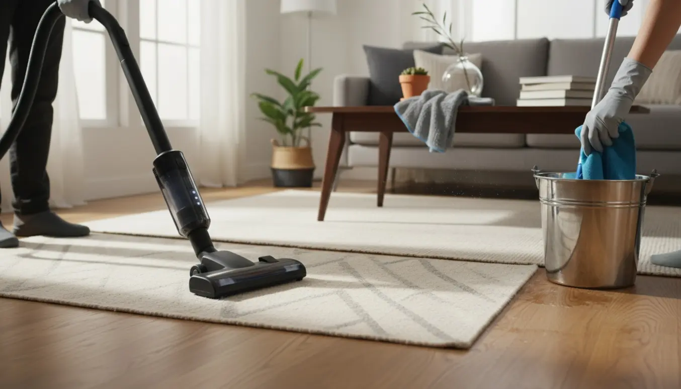 Rengøring i privat hjem med støvsugning, gulvvask og aftørring af støv i en solfyldt stue.