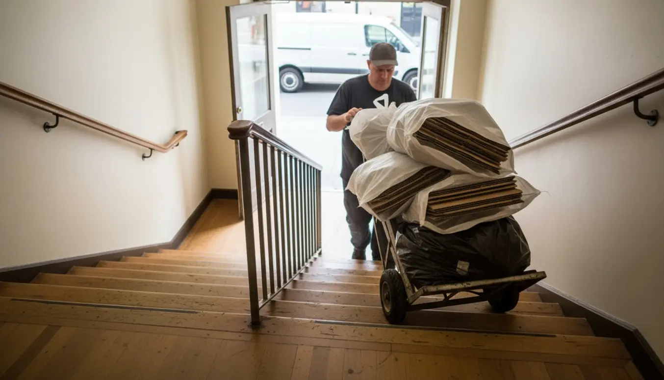 En person triller fire sække med pap og en sæk med skrald ned ad et trappeløb med mellemlanding mod en åben varevogn.