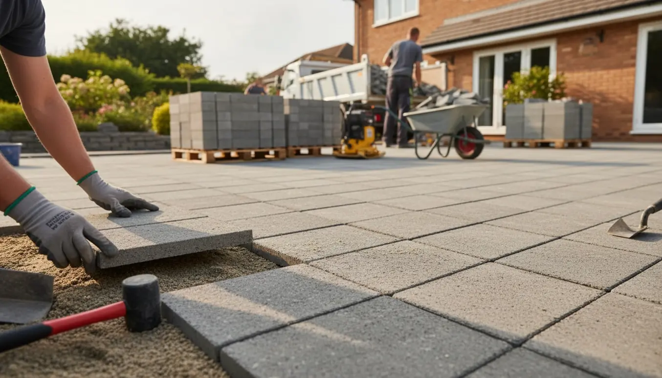 Nærbillede af arbejde med at lægge nye betonfliser, gamle fliser stablet i en container i baggrunden.