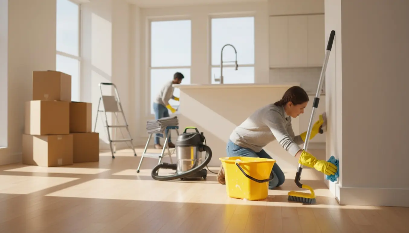 Person med handsker skrubber fodpanel i en lys, tom lejlighed under flytterengøring.