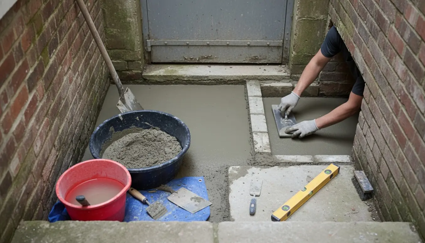 Kælderskakt med frisk afrettet betonhæld og opmuret trinhjørne ved kælderdøren.