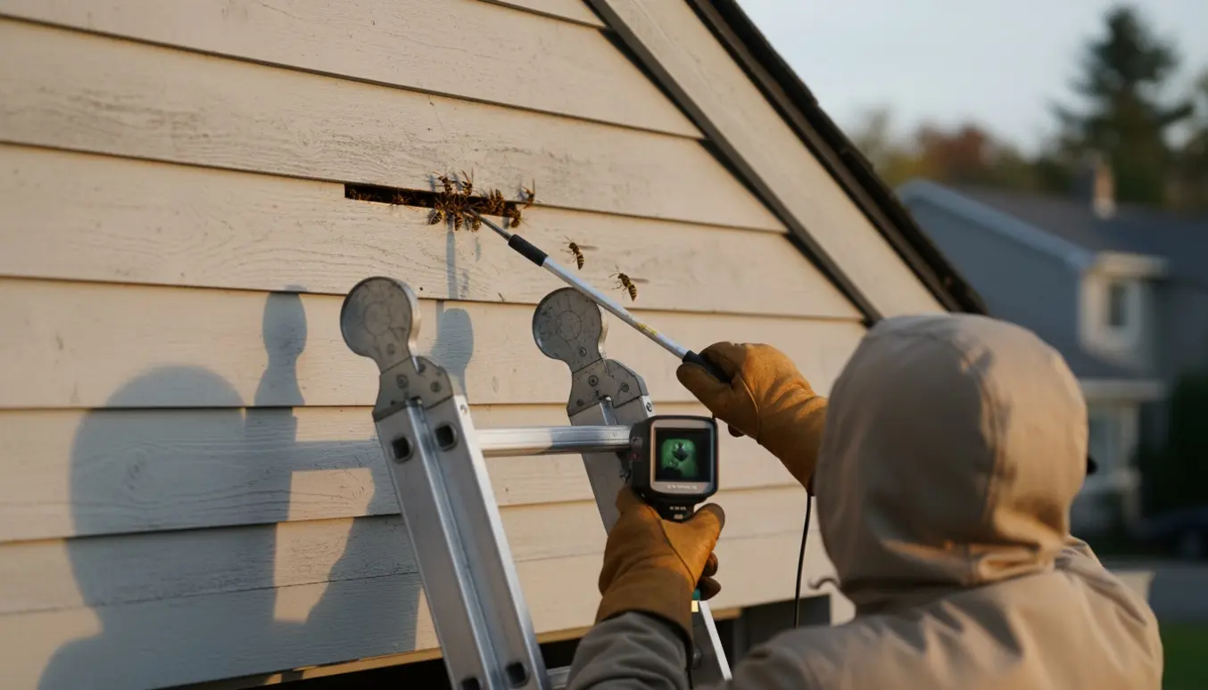 Tekniker i beskyttelseshandsker inspicerer en smal åbning i garagegavlen med hvepse i naturligt lys.