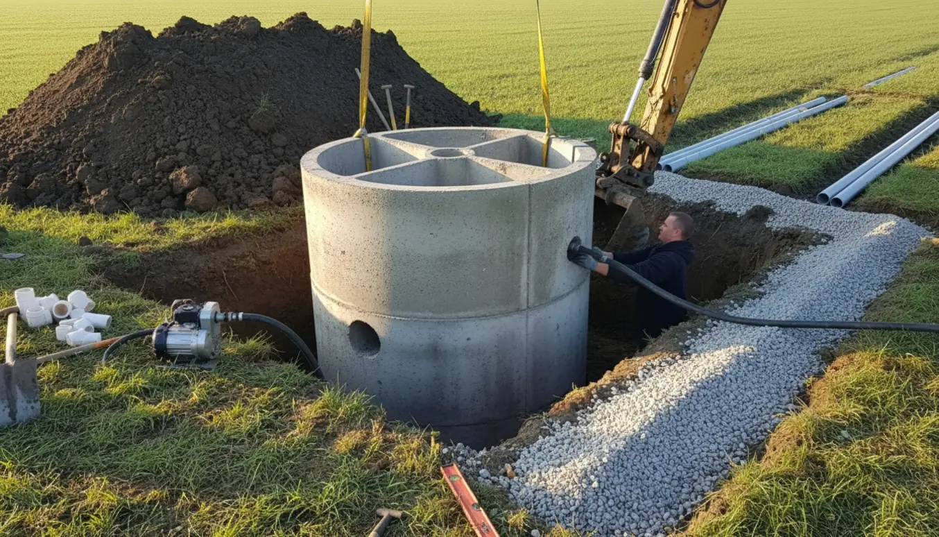 Udskiftning af 3-kammer septiktank i udgravet hul med pumpe og jord lagt på en nærliggende mark.