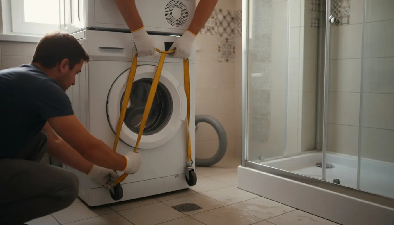 Hænder løfter en tørretumbler af en vaskemaskine, mens vaskemaskinen trækkes ud ved en brusekabine.