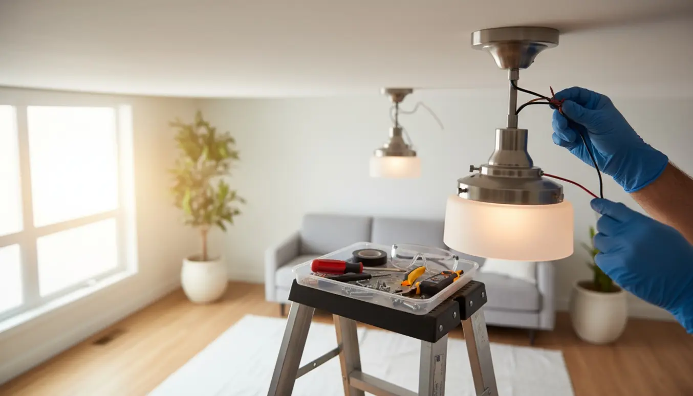 Hænder på en stige monterer en loftlampe med værktøj og reservedele i et lyst, moderne rum.