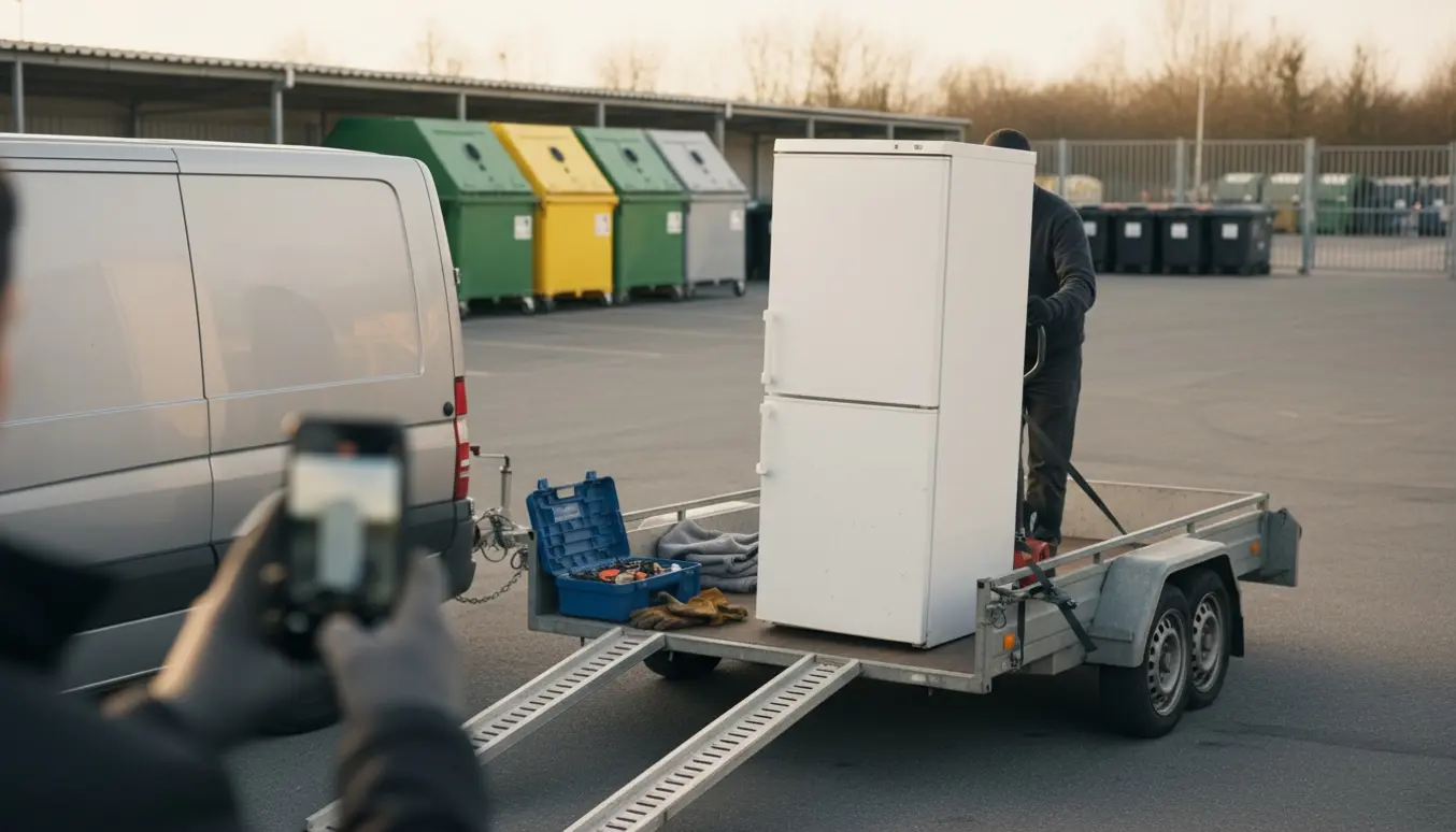 Et køleskab læsses på en trailer ved en genbrugsplads med håndtruck og stropper, mens en person tager fotodokumentation.