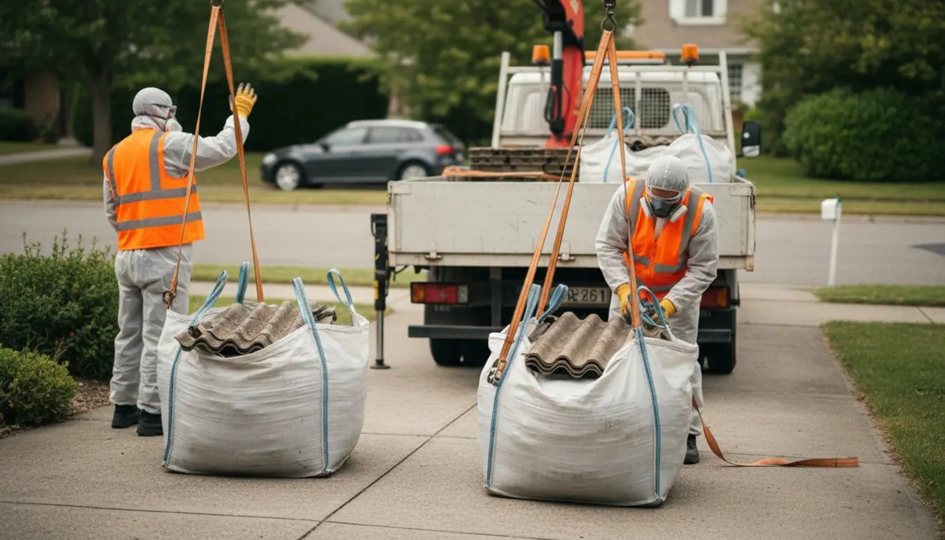Lastbil med kran læsser bigbags med 3,5 tons bølgeeternit fra en indkørsel, arbejdere i beskyttelsesudstyr ses bagfra.