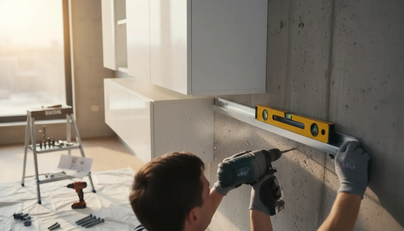En person monterer et samlet Bestå-stil TV-bord på en rå betonvæg med vægskinne og slagboremaskine.