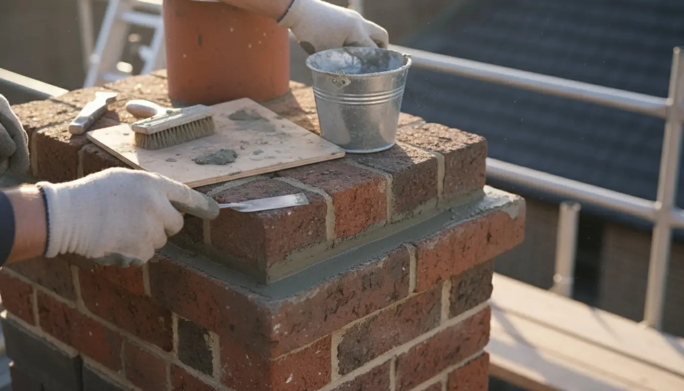 Nærbillede af hænder, der reparerer de øverste skorstensfuger med frisk mørtel på et tag.