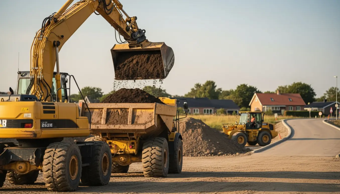 Gravemaskine læsser ren jord op i en tipvogn på en byggeplads med nem adgang.