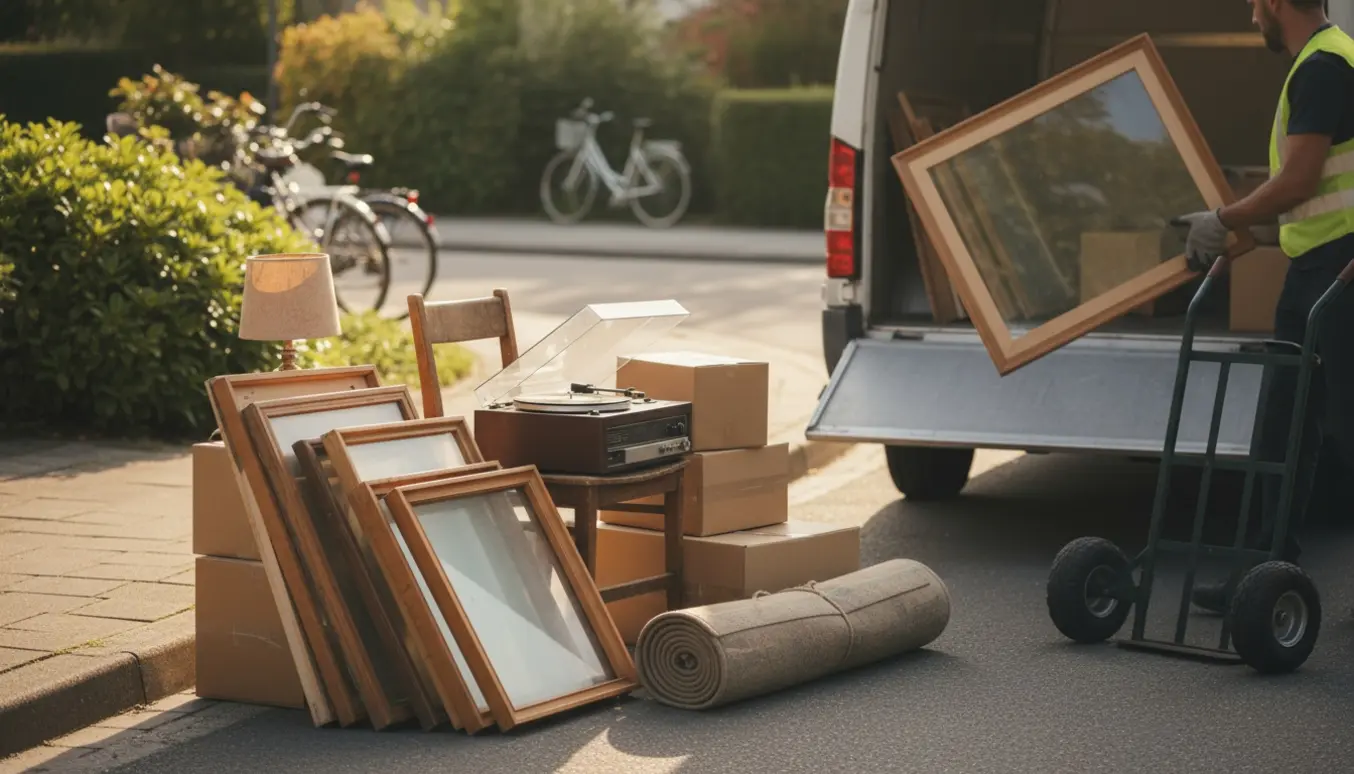 Kantstensopsamling af småt storskrald med billedrammer og en grammofon ved en åben varebil.