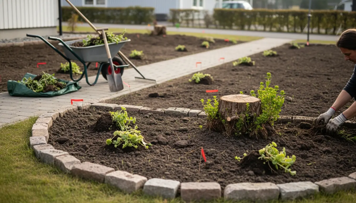 Forhave under rydning med bevarede fliser, bar jord, stenbed og røde markeringer på udvalgte planter.