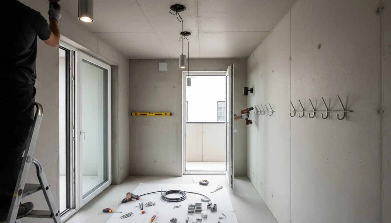 Installatør monterer lamper i betonloft og en knagerække på betonvæg med altanlampe i baggrunden.