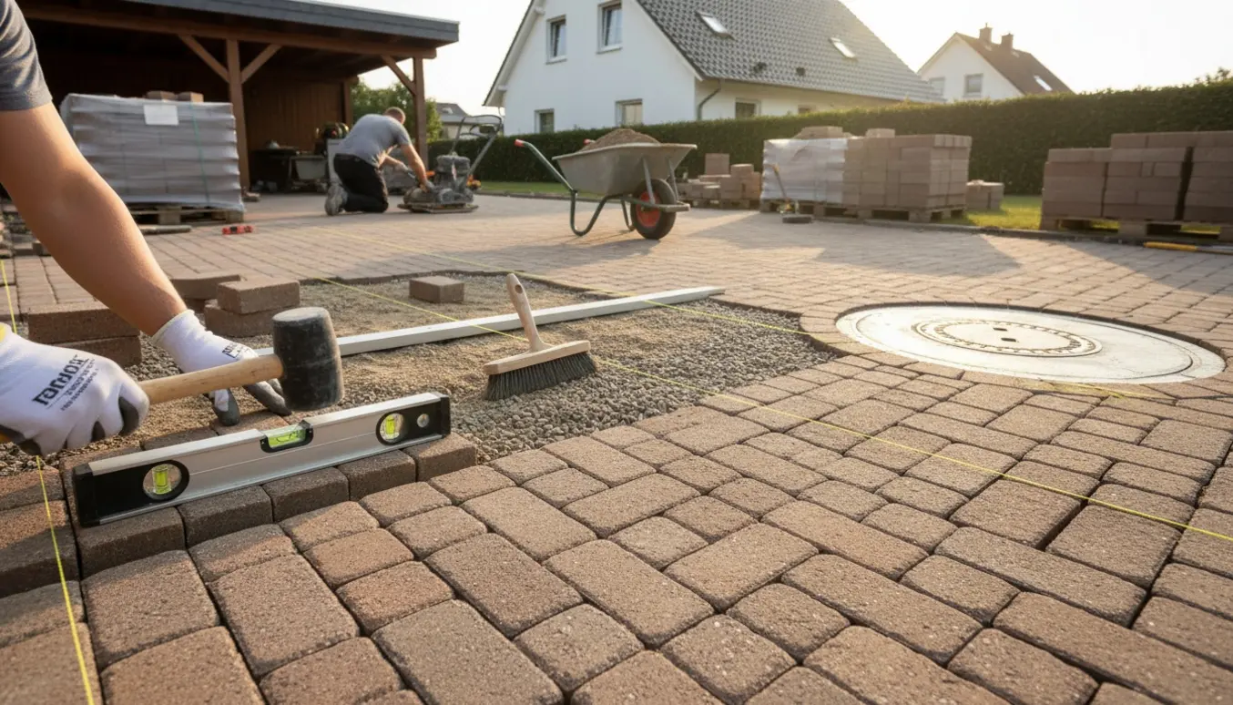 Nybelagt indkørsel med arbejdshænder, stabler af belægningssten, vibroplade og frisk beton omkring et kloakdæksel.