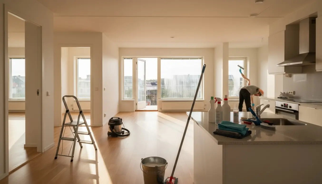 Lyse lejlighedsrum under fraflytningsrengøring med rengøringsudstyr og handsker, der pudser ovnen.