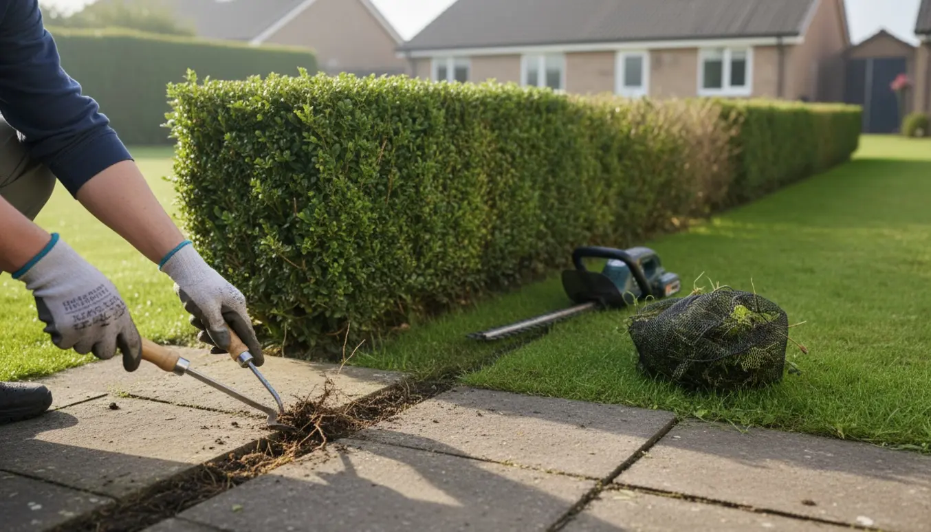 Nærbillede af hænder, der fjerner ukrudt mellem fliser og en halvklippet hæk med hækklipper og opsamlet grønt affald i en lille have.