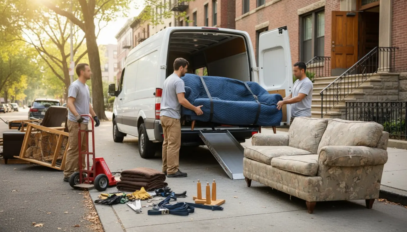 Flyttefolk løfter en kompakt sofa ind i en varevogn, mens en gammel sofa står klar på en møbeltralle ved fortovet.