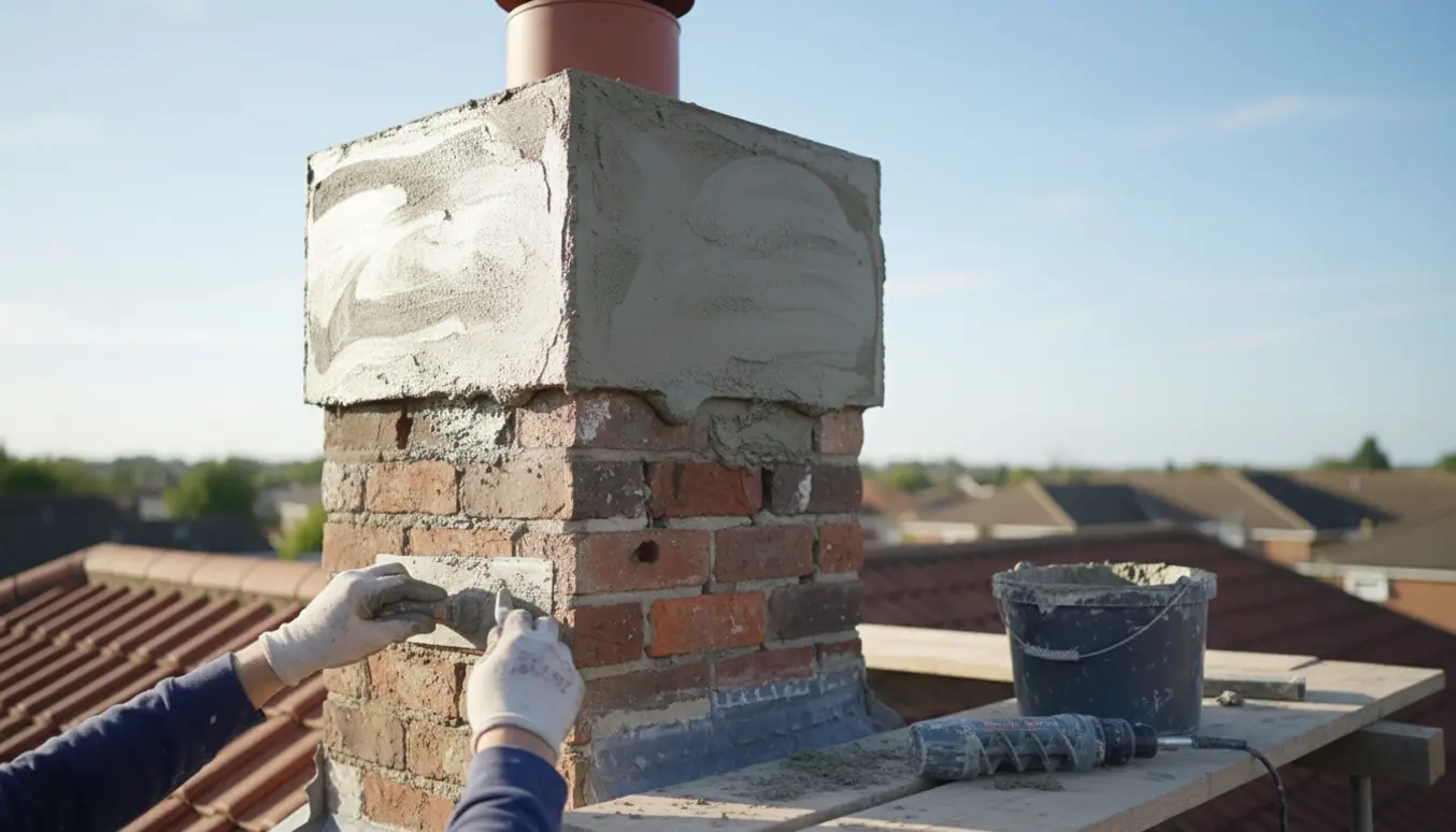 Håndværker pudser og udfylder huller i en murstensskorsten på taget med murske og spand.