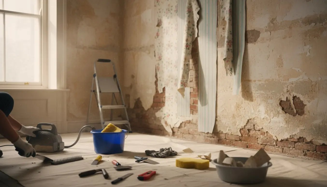 Nærbillede af to lag malet tapet, der fjernes fra en pudset mur i et lille værelse med værktøj og spand i forgrunden.
