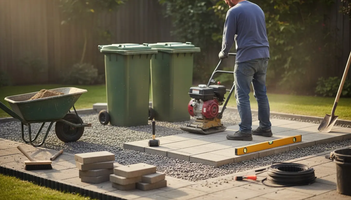 Delvist færdig belagte 6 m² under skraldespande med grusbase, fliser, pladevibrator og værktøj, håndværker set bagfra.