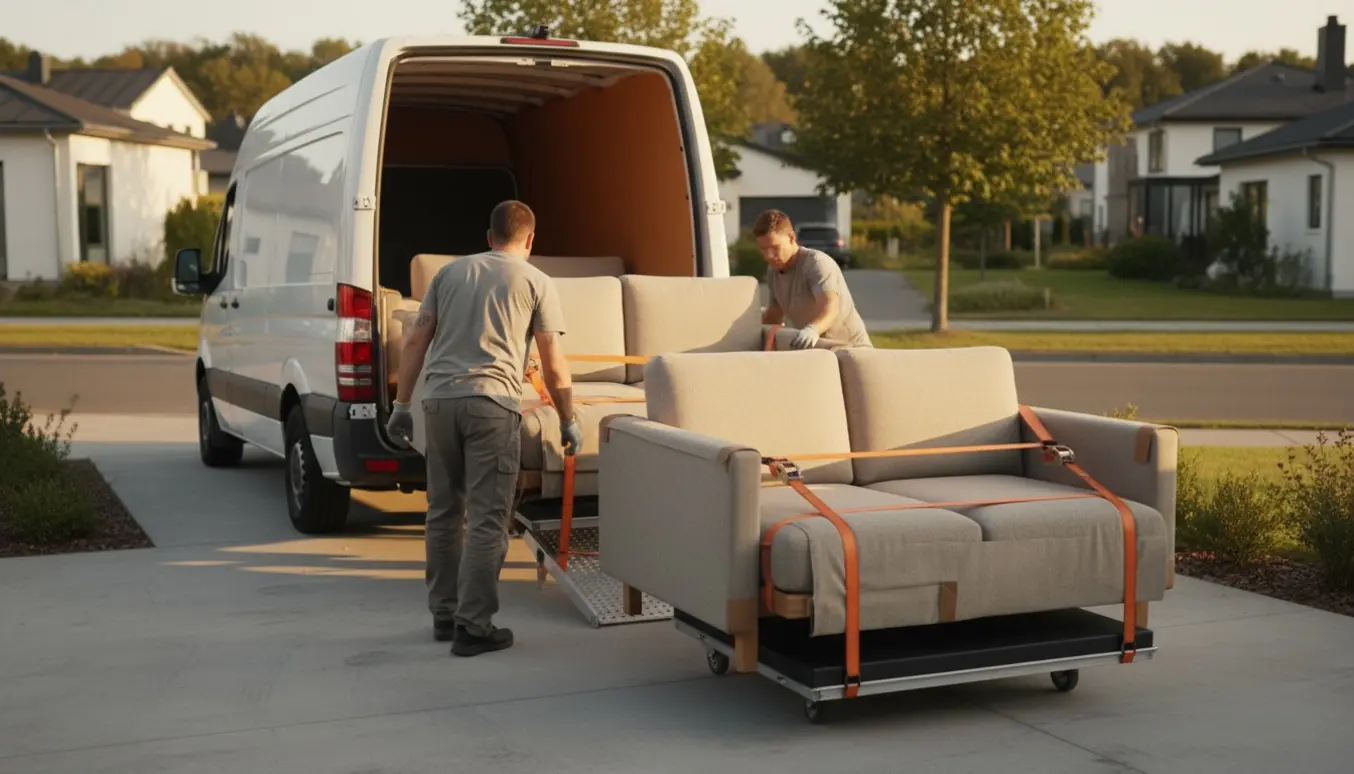 To loungesofaer pakket i flyttemateriale bæres ind i en varevogn på en indkørsel.