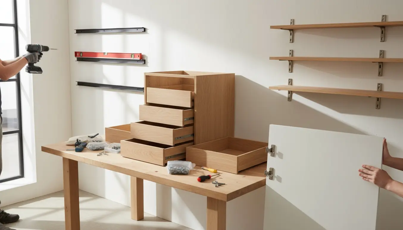 Hænder samler et fladtpakket trækøkkenmodul med fire skuffer, monterer jernskinner på en pudset væg, hylder og en klædeskabsdør.