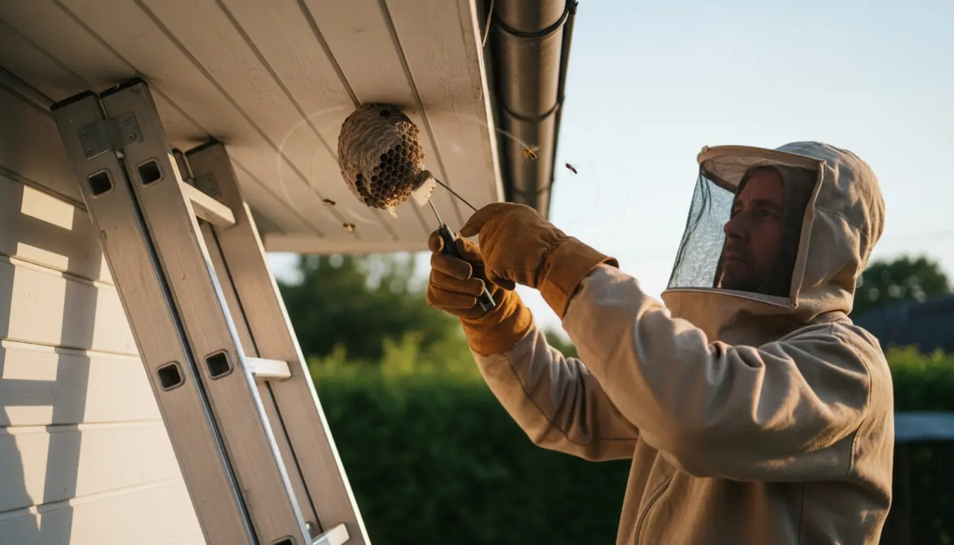 Person i beskyttelsesdragt fjerner et hvepsebo fra husets udhæng med stige og skraber.
