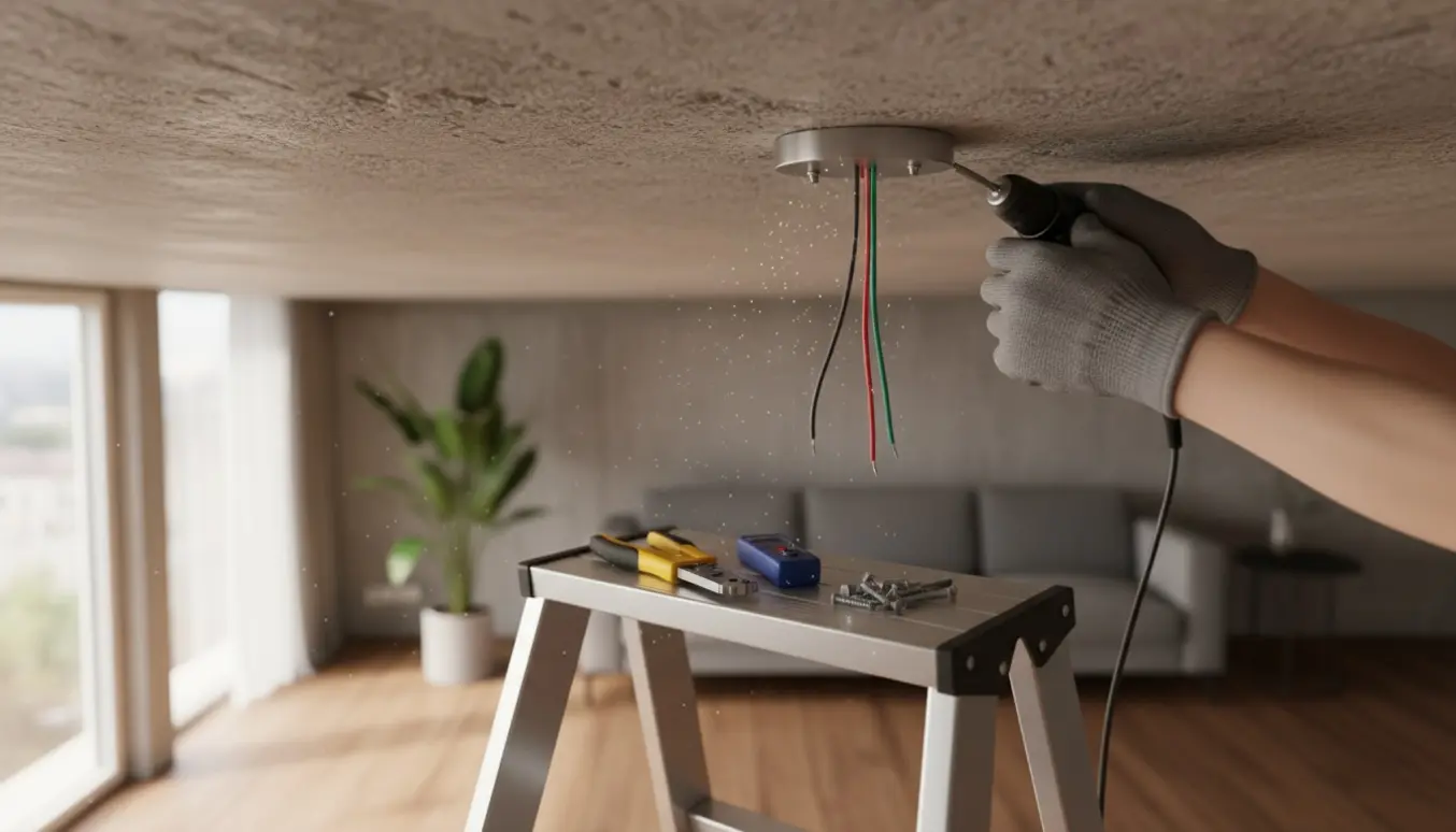 Hænder monterer en lampe i et betontag med betonankre og værktøj på en stige.