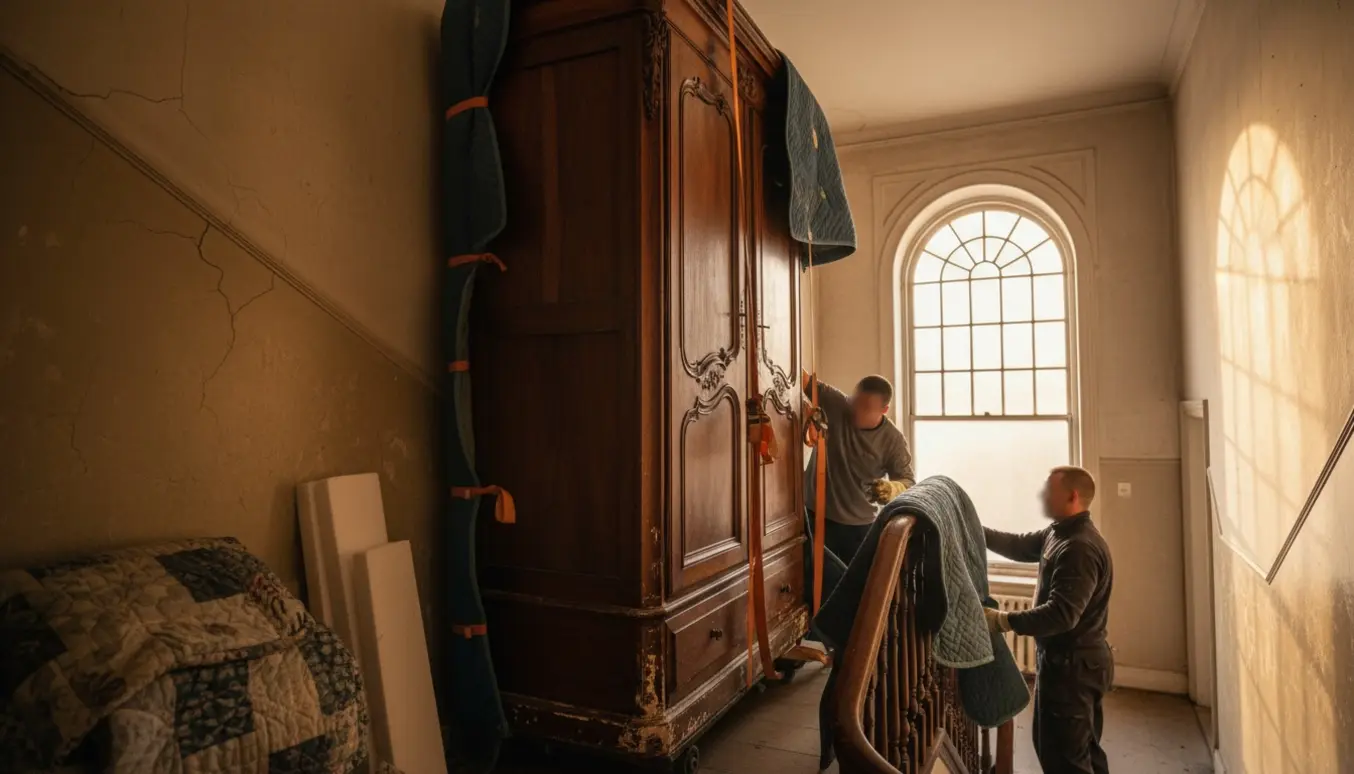 Et tungt antikt skab bæres op ad en lejlighedstrappe af to personer med remme og flyttetæpper.